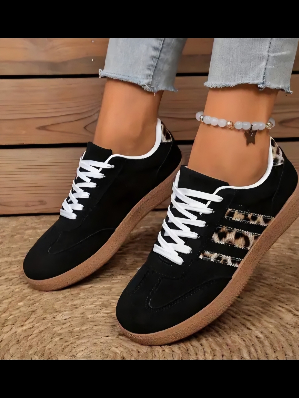 Black Leopard-Accent Women's Casual Faux Suede Finish Lace-Up Sneakers Sz 10.5